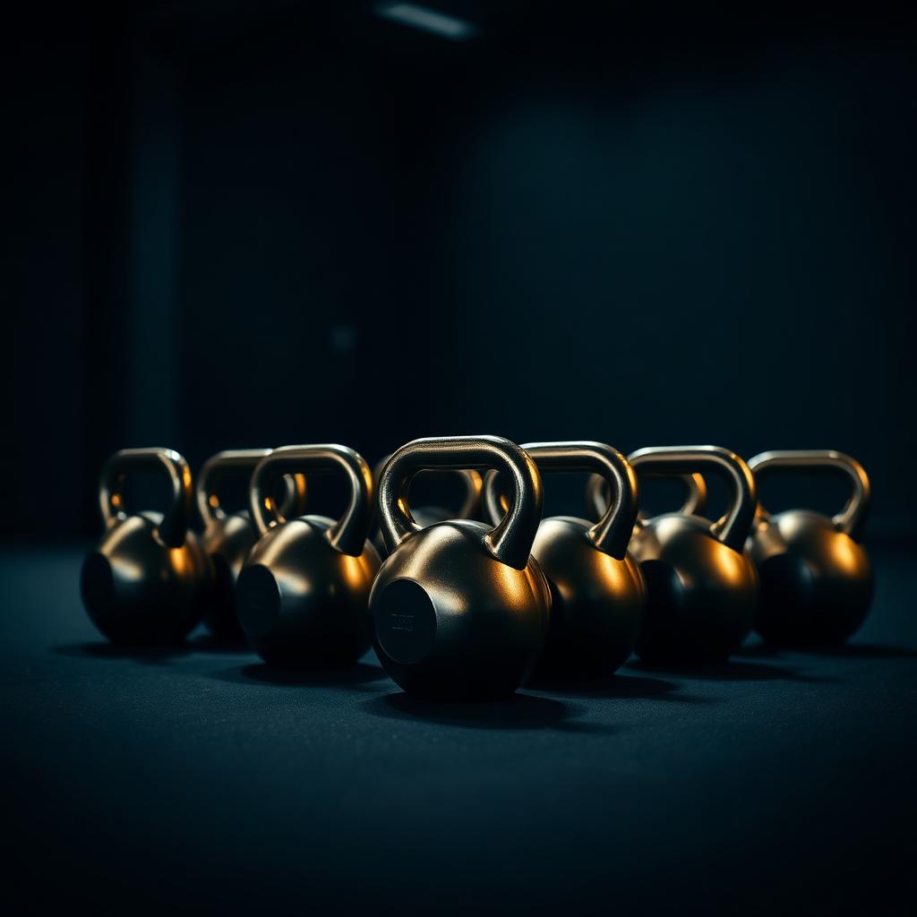 Row of kettlebells on a dark gym floor