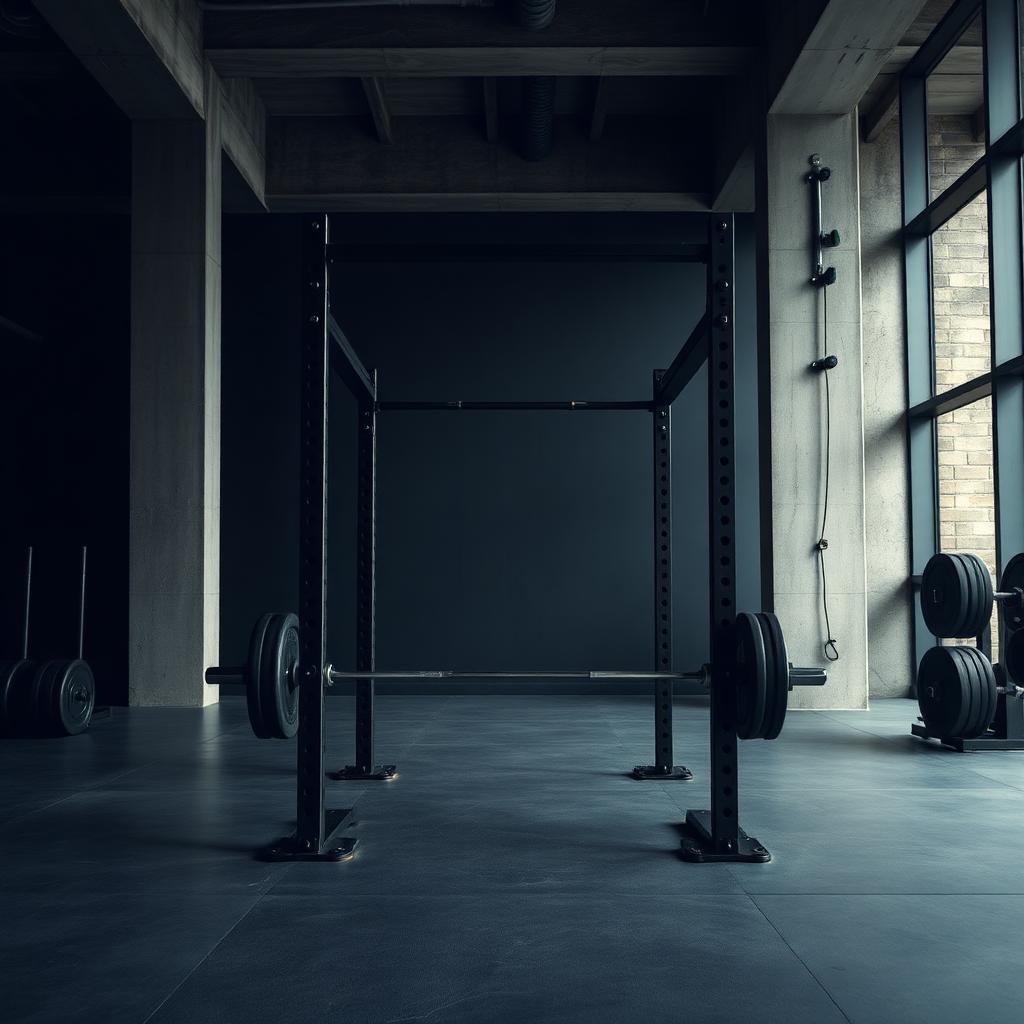 Empty power rack and barbell in a dark minimalist gym