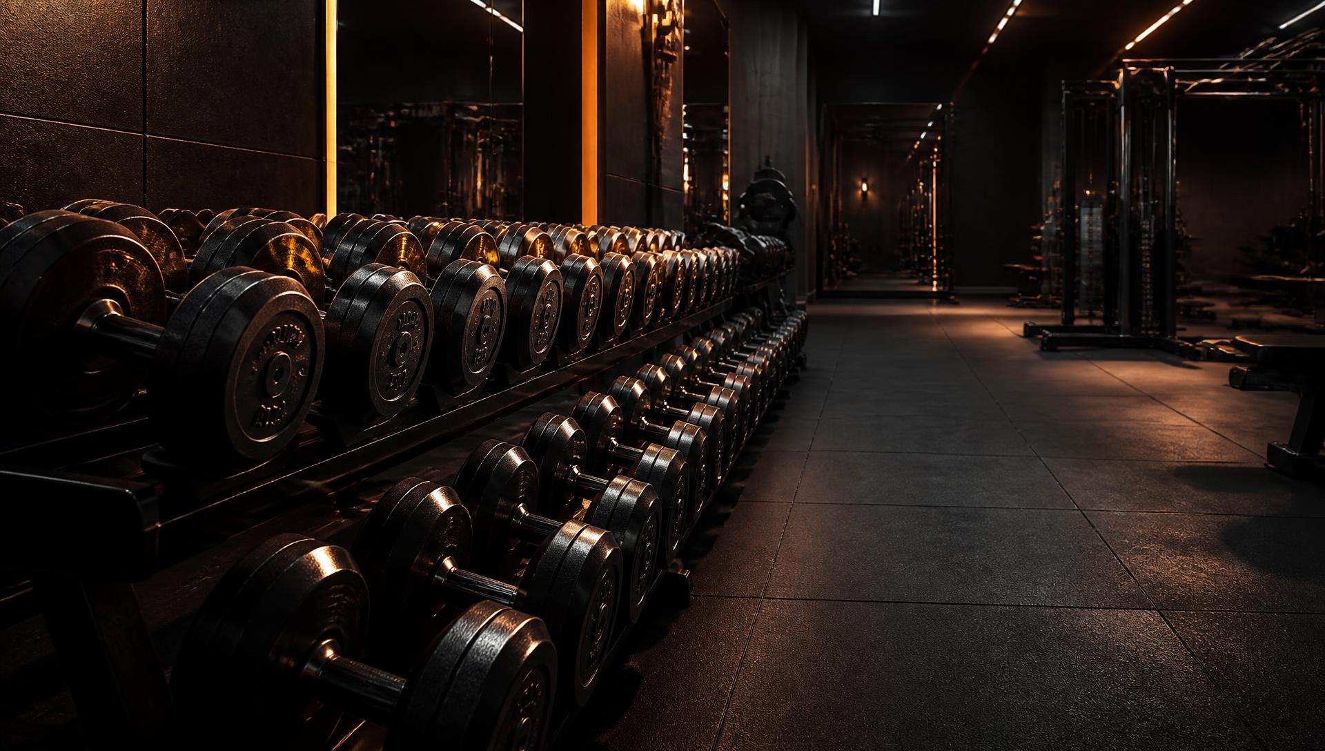 Dark premium gym interior with rows of heavy dumbbells under dramatic amber lighting